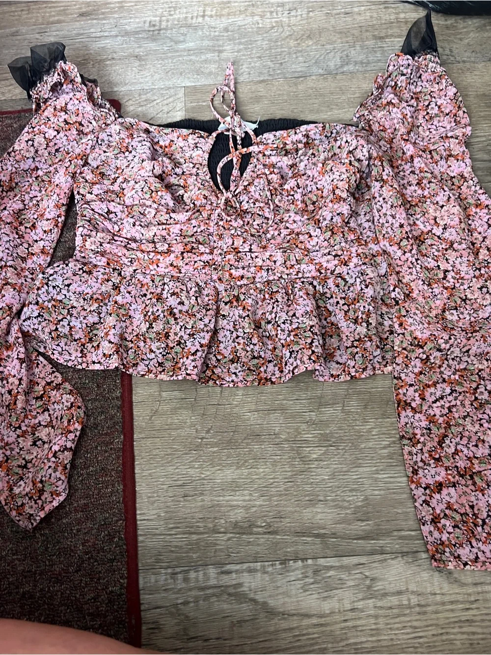 Astr Pink Floral Puff-Sleeve Smocked Peplum Blouse